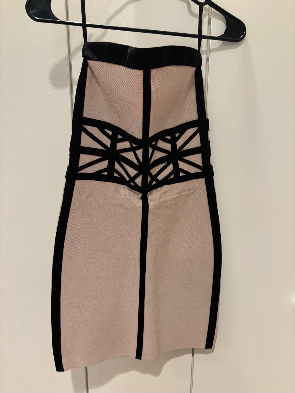 bebe Strapless Nude & Black Geometric Bodycon Dress